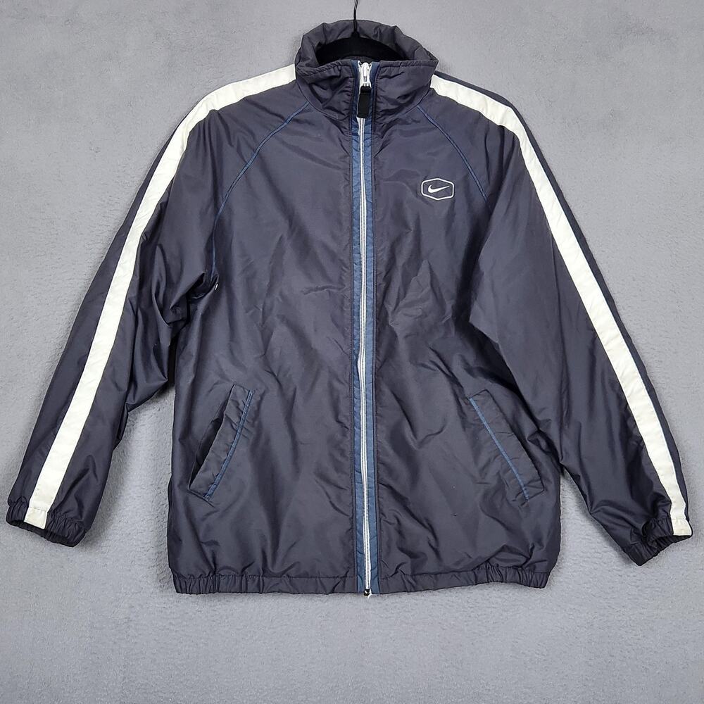 Vintage Nike Track Jacket Kids XL Navy White Full Zip Stripe Windbreaker Swoosh